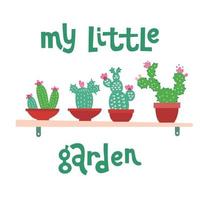 mon petit jardin illustration vectorielle botanique. petit cactus en pot et succulent sur des images plates d'étagère isolées sur fond blanc. clipart de plantes tropicales. botanique d'intérieur. plante d'intérieur en pot vecteur