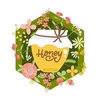 pot de miel jaune sur fond de fleurs et de plantes sauvages. le badge de produits de la ruche au détail peut être utilisé pour le graphique, la bannière. thème d'été de l'apiculture. illustration de vecteur plat dessiné à la main