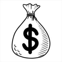 sac d'argent dessiné à la main avec signe dollar isolé sur fond blanc. illustration vectorielle. vecteur