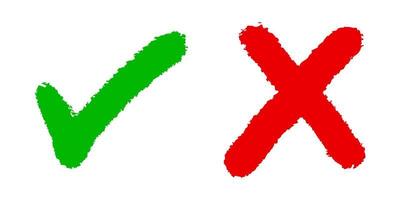 icône du bien et du mal. dessinés à la main d'une coche verte et d'une croix rouge isolées sur fond blanc. illustration vectorielle. vecteur