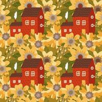 modèle sans couture - jolie petite maison ancienne parmi d'énormes fleurs sauvages printanières jaunes. belle illustration de bâtiment de dessin animé dans un style vectoriel plat.