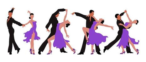 un ensemble d'illustrations, des couples dansants, un homme en noir et une femme en robe violette dans des poses élégantes. affiche, impression, carte postale vecteur