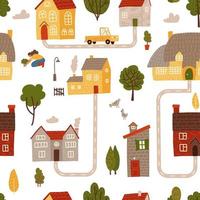 modèle sans couture de maisons de campagne doodle dessinés à la main d'été et paysage d'arbres isolé sur fond blanc. fond de feuille de route confortable. illustration vectorielle plane.
