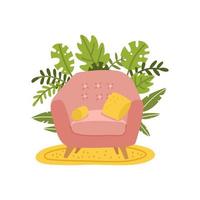fauteuil et deux oreillers. chaise rose confortable sur tapis jaune. meuble et plante en pot. endroit pour se détendre et lire des livres. illustration de vecteur plat de dessin animé.