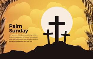 dimanche des rameaux avec croix et silhouette de feuille de palmier vecteur