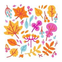 ensemble de feuilles et de baies d'automne aux couleurs vives. isolé sur fond blanc. dessin animé simple illustration vectorielle de style plat dessiné à la main pour les enfants vecteur