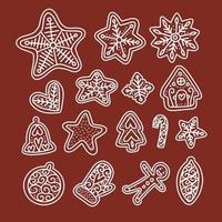 mignons griffonnages de pain d'épice pour noël, ensemble dessiné à la main pour la décoration. clipart de biscuits, pain d'épice, glaçon, étoile, homme, cloche, bonbon et coeur. illustration vectorielle plane. vecteur