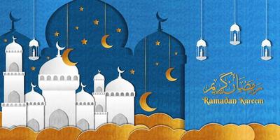 bannière d'illustration ramadan kareem avec mosquée, lanterne, étoiles et lune en art papier vecteur