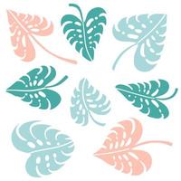 ensemble de feuilles vertes, bleues et roses de plantes de jungle tropicale de monstera. illustration de vecteur plat isolé sur blanc. forme de coeur.