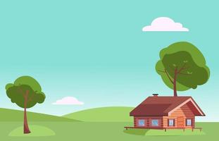 vecteur paysage d'été plat beau temps avec petite maison en bois de campagne et arbres verts sur les collines d'herbe verte. fond d'été chaud en style cartoon. espace libre pour votre texte