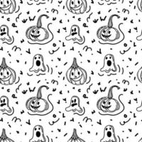 fond transparent avec des éléments d'halloween dessinés dans un style doodle. citrouilles mignonnes et fantômes joyeux. fond d'halloween monogame. vecteur