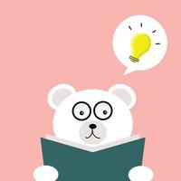 notion d'éducation. L'ours blanc mignon lit un livre avec une ampoule jaune dans la bulle de dialogue vecteur