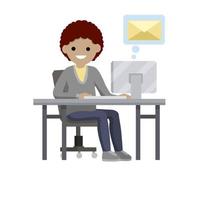 illustration plate de dessin animé - jeune femme assise à table et tapant un message vecteur