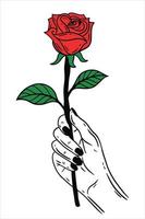 main de femme tenant une fleur rose geste illustration d'art en ligne plate