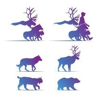 silhouettes d'animaux de loup, lynx roux, cerf, ours et marche humaine. vecteur