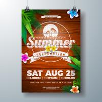 Vector Summer Party Flyer Design avec des fleurs et des feuilles de palmier tropical sur fond de bois Vintage. Illustration de vacances d&#39;été avec des plantes exotiques