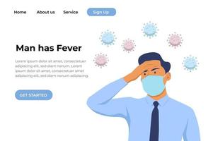 un homme a de la fièvre et présente des symptômes d'infection à coronavirus. modèle de page de destination. facile à modifier et à personnaliser. illustration vectorielle vecteur