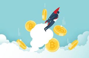 le bitcoin monte en flèche et le taux de croissance du bitcoin avec un jetpack volant vers le haut avec des bitcoins dans le ciel. prix de la monnaie crypto et concept d'augmentation de la valeur. conception de vecteur