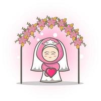 dessin animé d'une jolie mariée vêtue d'une robe blanche et rose avec une belle arche de fleurs vecteur