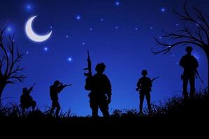 silhouette de soldat militaire avec fond de nuit étoilée. soldat avec une arme à feu sur fond de nuit. fond de coucher de soleil soldat militaire armée