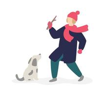 illustration d'une fille jouant avec un chien domestique dans la rue. vecteur. style plat. la fille et son animal de compagnie. l'image est isolée sur un fond blanc. vecteur