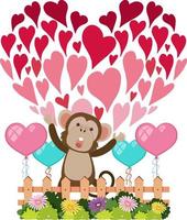 thème de la saint-valentin avec un singe et des icônes de coeur en style cartoon vecteur