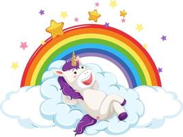 licorne heureuse allongée sur un nuage avec arc-en-ciel en style cartoon vecteur