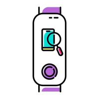 tracker de fitness avec icône de couleur d'option de recherche de smartphone. gadget de bien-être avec fonction d'identification de l'emplacement du téléphone portable perdu. téléphone avec pictogramme de loupe. illustration vectorielle isolée
