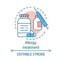 icône de concept de traitement des allergies. illustration de la ligne mince de l'idée de vaccination et d'immunisation. prévention des maladies allergiques. bouteille de pilules, vaccin, seringue. dessin de contour isolé de vecteur. trait modifiable vecteur