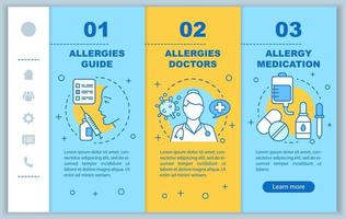 modèle de vecteur de pages web mobiles d'aide médicale d'allergie à l'embarquement. guide des allergies, médecins. interface de site Web pour smartphone réactive avec illustrations. écrans pas à pas de la page Web. notion de couleur