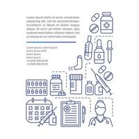 modèle de vecteur de page d'article de traitement des allergies. médicaments antihistaminiques. brochure, magazine, élément de conception de livret avec icônes linéaires et zones de texte. design d'impression. illustrations de concept avec espace de texte