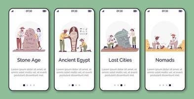 modèle de vecteur d'écran d'application mobile d'intégration d'archéologie. recherche historique de terrain. étapes du site Web pas à pas avec des caractères plats. ux, ui, concept d'interface de dessin animé pour smartphone gui