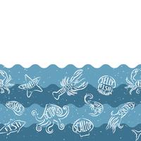 Répétition horizontale avec des produits de la mer. Bannière transparente de fruits de mer avec des animaux sous-marins. Conception de carreaux pour restaurant, industrie de l&#39;alimentation de poisson ou magasin du marché. vecteur