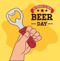 journée internationale de la bière, août, avec une main tenant un ouvre-bouteille vecteur