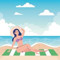 femme avec maillot de bain assis sur la serviette, à la plage, saison des vacances vecteur