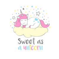 Licorne mignonne magique en style cartoon avec lettrage à la main Sweet comme une licorne. Illustration vectorielle Doodle Licorne pour cartes, affiches, impressions de t-shirt pour enfants, design textile. vecteur