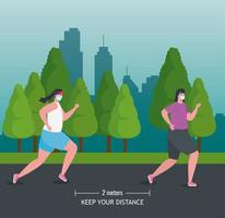 femmes faisant du jogging et gardant une distance sociale sur le coronavirus covid 19 vecteur