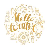 Bonjour hiver handlettering avec des éléments de Noël. Carte de saison d&#39;hiver, voeux vecteur