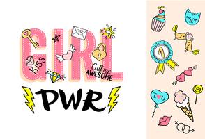 Girl Power lettrage avec griffonnages girly et phrases dessinées à la main pour la conception de cartes de Saint Valentin, impression de t-shirt de la fille. vecteur