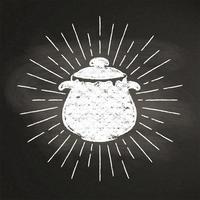 Silhoutte de craie d&#39;une casserole bouillante avec des rayons de soleil vintage sur tableau noir. Bon pour la cuisson des logotypes, des bades, des menus ou des affiches. vecteur