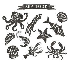 Fruits de mer illustrations vectorielles dessinés à la main isolés sur fond blanc, éléments pour la conception de menus de restaurant, décor, étiquette. Vintage silhouettes d&#39;animaux marins avec des noms.