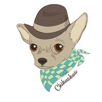 Main dessinée illustration vectorielle de chien hipster pour cartes, impression de t-shirt, pancarte. Mode portrait du chien chihuahua portant chapeau et cravate. vecteur