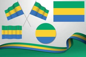 ensemble de drapeaux du gabon dans différents modèles, icône, drapeaux écorchés avec ruban avec arrière-plan. vecteur libre