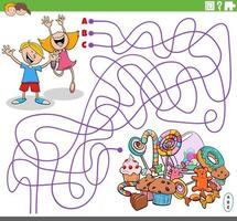 jeu de labyrinthe avec des enfants de dessins animés et des bonbons vecteur
