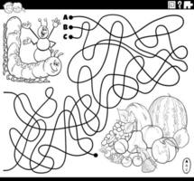 labyrinthe avec chenille de dessin animé et page de livre de coloriage fourmi et fuit vecteur