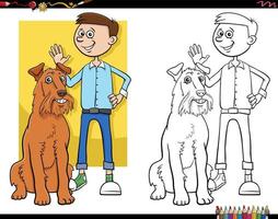 dessin animé garçon adolescent et son chien page de livre de coloriage vecteur