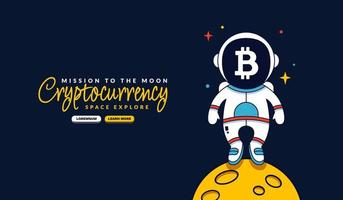 astronaute bitcoin debout sur l'arrière-plan du dessin animé de la lune, mission sur l'arrière-plan de la lune, exploitation minière de crypto-monnaie et concept financier vecteur