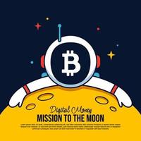 astronaute bitcoin étreignant l'arrière-plan du dessin animé de la lune, mission sur l'arrière-plan de la lune, exploitation minière de crypto-monnaie et concept financier vecteur