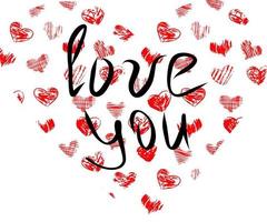 coeur et texte t'aiment doodle dessiné à la main. vecteur, minimalisme. carte, autocollant. amour, saint valentin, rouge, vacances, lettrage. vecteur