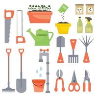 ensemble d'articles de jardinage dans un style dessiné à la main. divers outils agricoles et de jardin pour les travaux de printemps. culture de plantes en pot, semis. illustration de clip art vectoriel isolé sur fond blanc